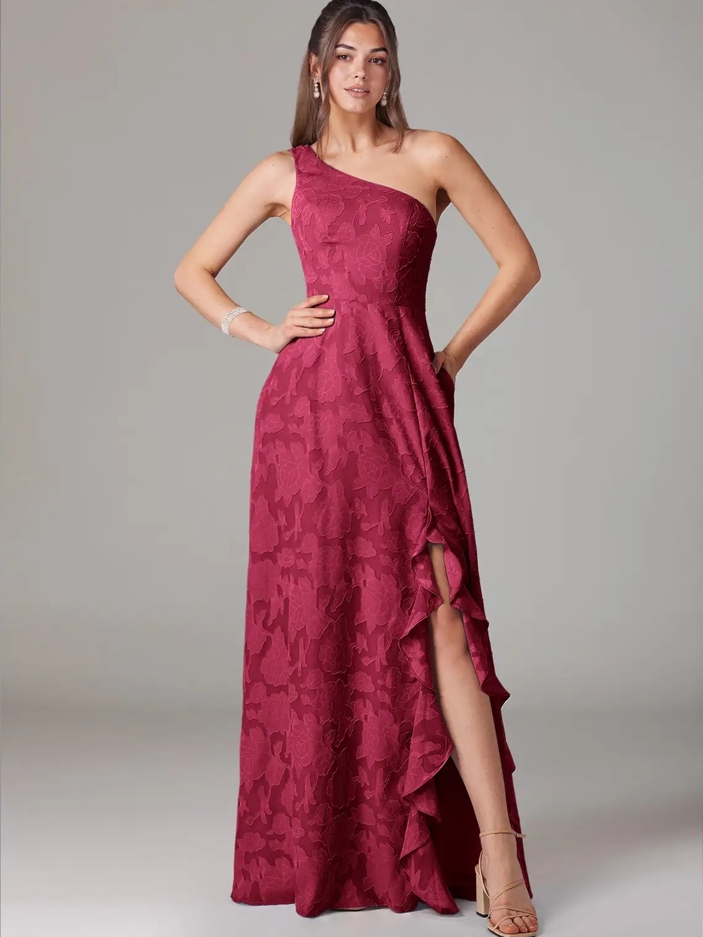 Azazie Deep Burgundy Floral Jacquard Dress NWT - Picture 5 of 6